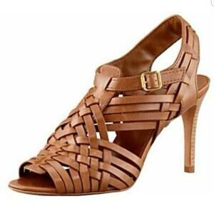 Tory Burch Camel Woven Leather Heels Sandals 7 6010